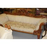 19th cent. Mahogany upholstered sofa, heavily carved back rail, scroll ends on replacement, turned