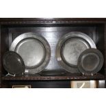 Pewter: 19th cent. Charger with touch marks for Sam Ellis London, 15ins, a pair.  Three side