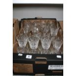20th cent. Glassware: Cut glass brandy balloons with long stems x 6, wine glasses x 11, sherry x 8