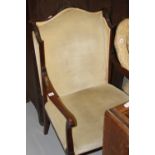 Edwardian mahogany high back upholstered salon chair.