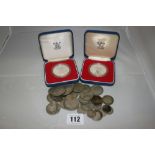 Coins: Silver coins 7oz plus 2 proof silver crowns, boxed.