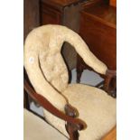 19th cent. Mahogany framed button back ladies chair, scrolled arms, cabriole  supports, rising off