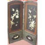 19th cent. Oriental 2 panel screen decorated with ivory carved bird & flowers. 4' x 4'.