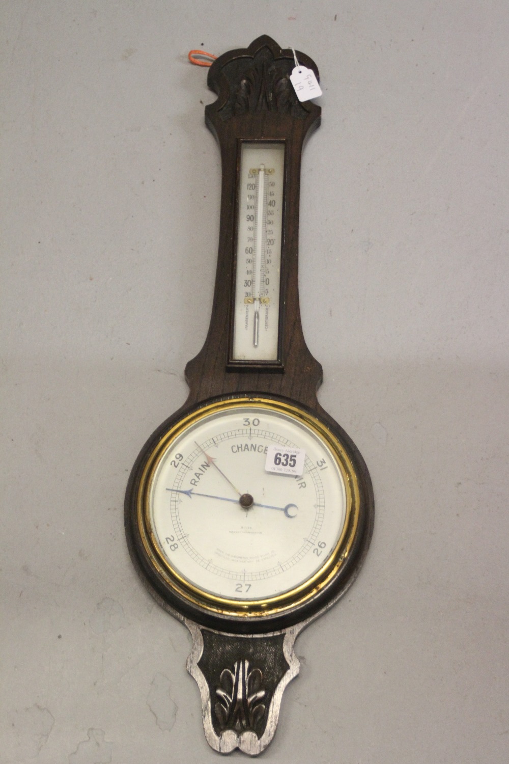 Early 20th cent. Banjo aneroid barometer by Allen, Market Harborough. Oak frame.