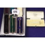 Victorian jewellery: Gentleman's cravat or tie pins, yellow metal stems with gemstone style finials,