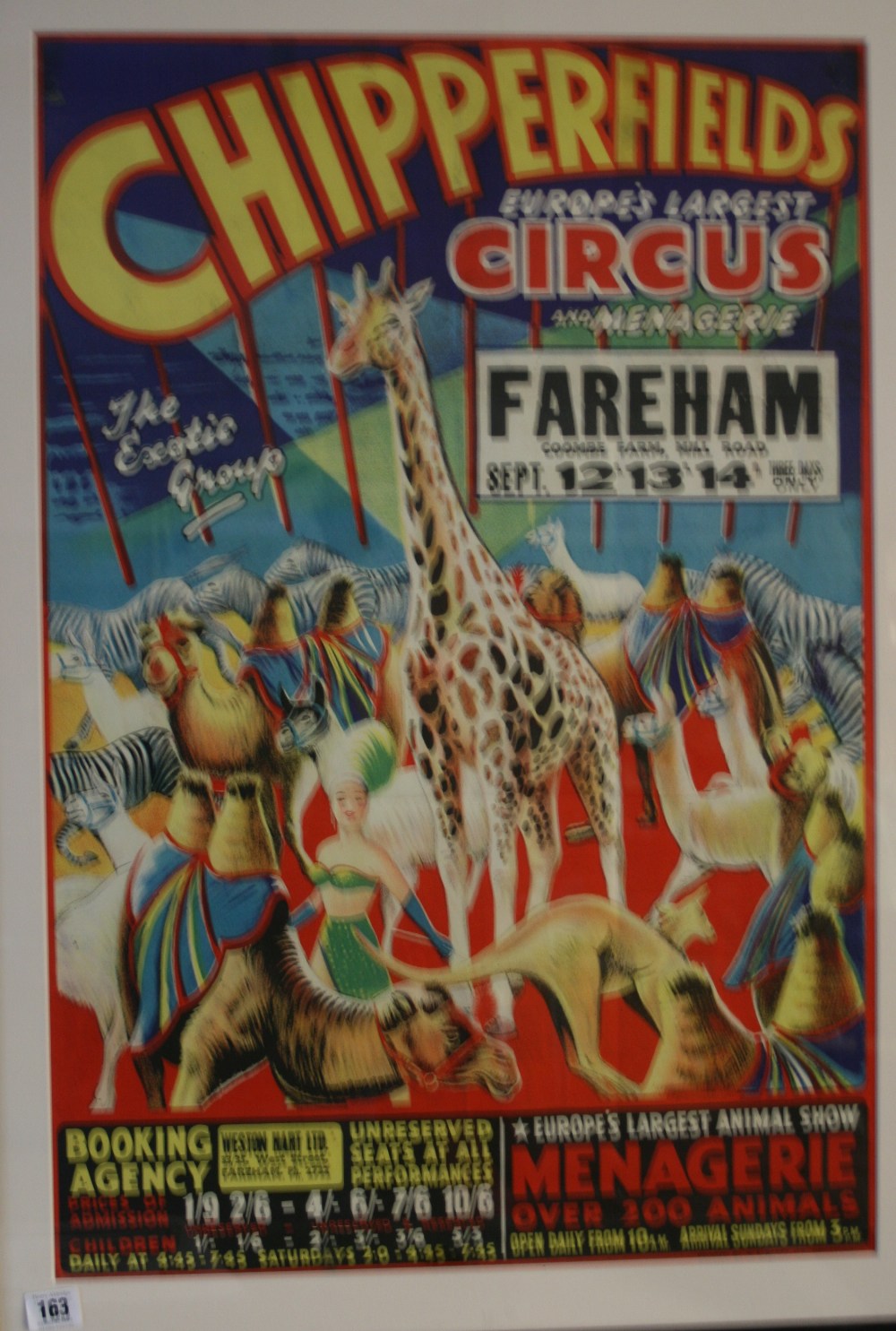 Circus pre-war Chipperfields poster in colour depicting numerous circus animals for a performance in