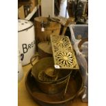 Late 19th early 20th cent. Brassware and rural bygones: Brass trivets, toast fork, stew pan,