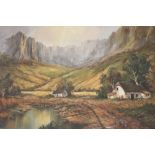 20th cent. South African school: Z.A Delio Mountain River Valley with Cape Dutch Farmhouse. Framed