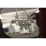 Fashion: Retro clear plastic handbag, linen style base and border trim, silver colour leather