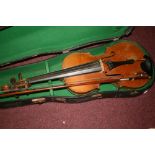 20th cent: ¾ Violin with bow and rexine covered case.