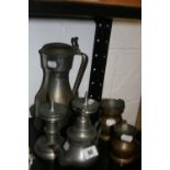 19th cent. & later pewter & bronze measures ½ pint and gill. Pair of pricket sticks 5ins. Turkish