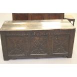 17th/18th cent. Oak peg jointed coffer carved front panels & Gothic arch frieze. 5 Ft..