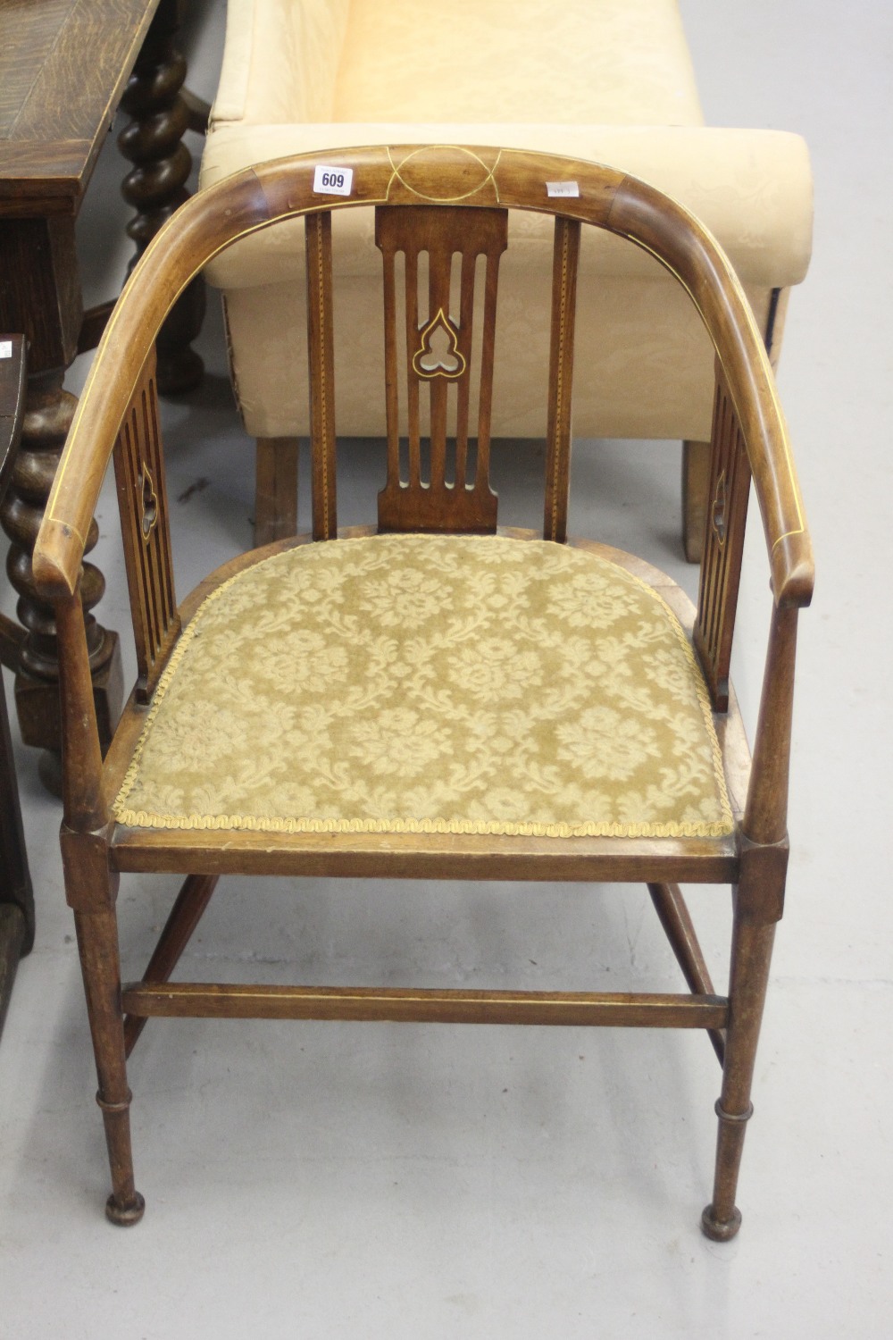 19th cent. Mahogany open tub chair with inlaid decoration and upholstered seat. The whole on