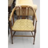 19th cent. Mahogany open tub chair with inlaid decoration and upholstered seat. The whole on