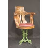 R.M.S. OLYMPIC: Rare Second Class mahogany dining room chair, carved and moulded back and arms on