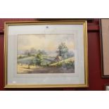 Clive Pryke watercolour 'Cottage and Cornfields', signed lower right. Framed and glazed 18ins. x