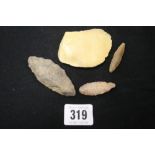 Antiquities: Neolithic, scrapers 2½ins plus 3 spearheads 1 x 2½ins. 2 x 1½ins. (3)
