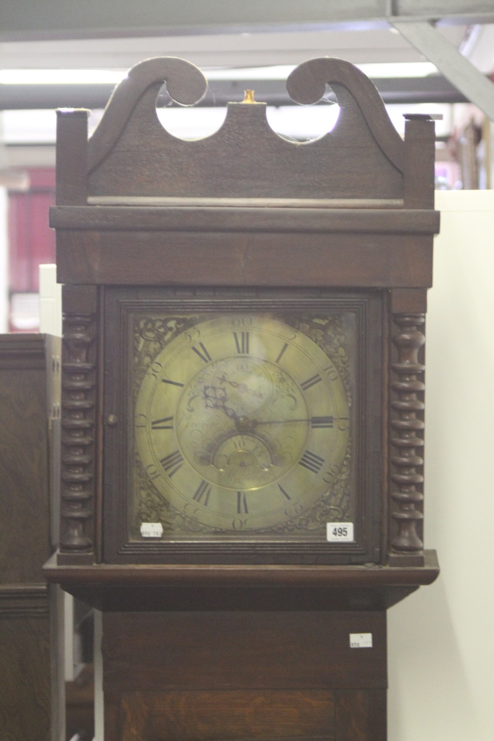 Clocks: 30 hour longcase, oak with mahogany inlays George Hewitt Marlboro, brass face, chapter