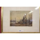 In the style of William Roxby Beverley watercolour, a study of fishing boats on the beach. Framed