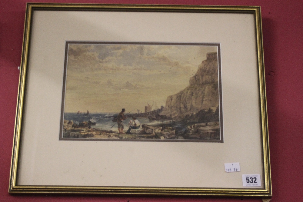 Mary Mart ?? (indistinct) watercolour. 19th cent. Study of Fishermen (Line) at the Shore, signed