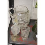 19th cent. Glassware: Latticino glass jug decorated in white enamels, a matching beaker plus a