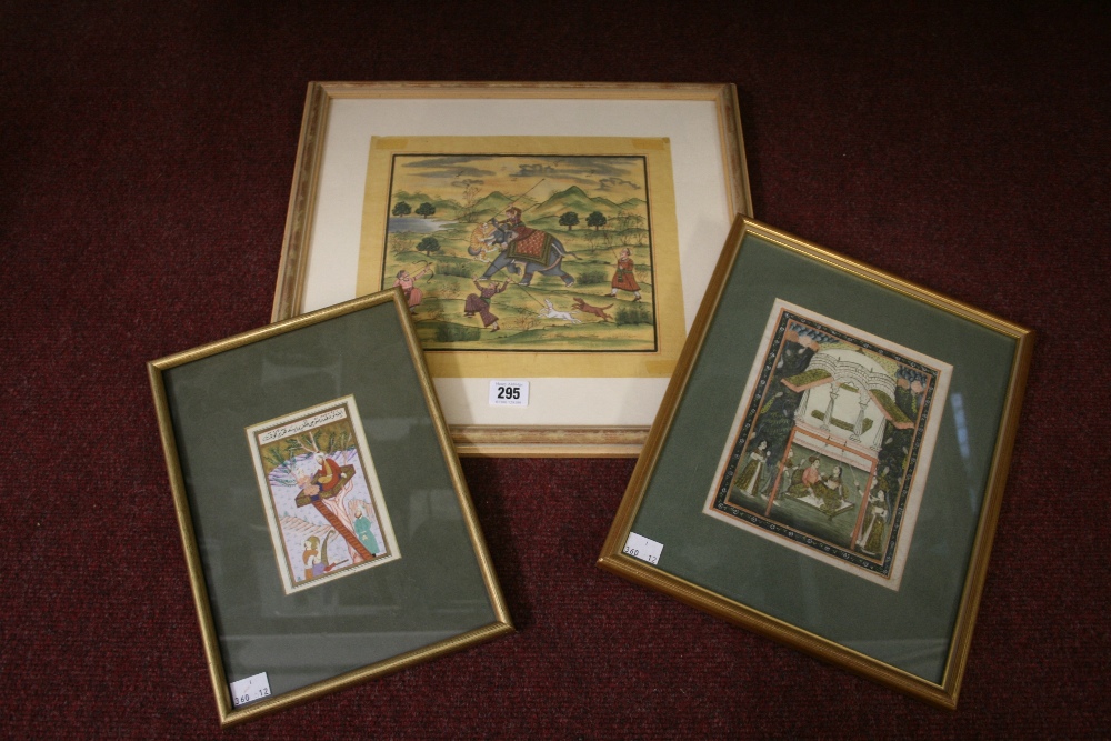 20th cent. Mughal/Indo Persian Watercolours: Tiger hunt with elephant, a wedding, plus one other.