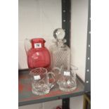 Late 19th early 20th cent. Glassware: Cut glass decanter, cut glass milk jugs x 2, cranberry style