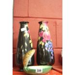 Ceramics: Beswick leaping trout dish plus a pair of black ground Falcon ware vases no. 4478. 11ins.