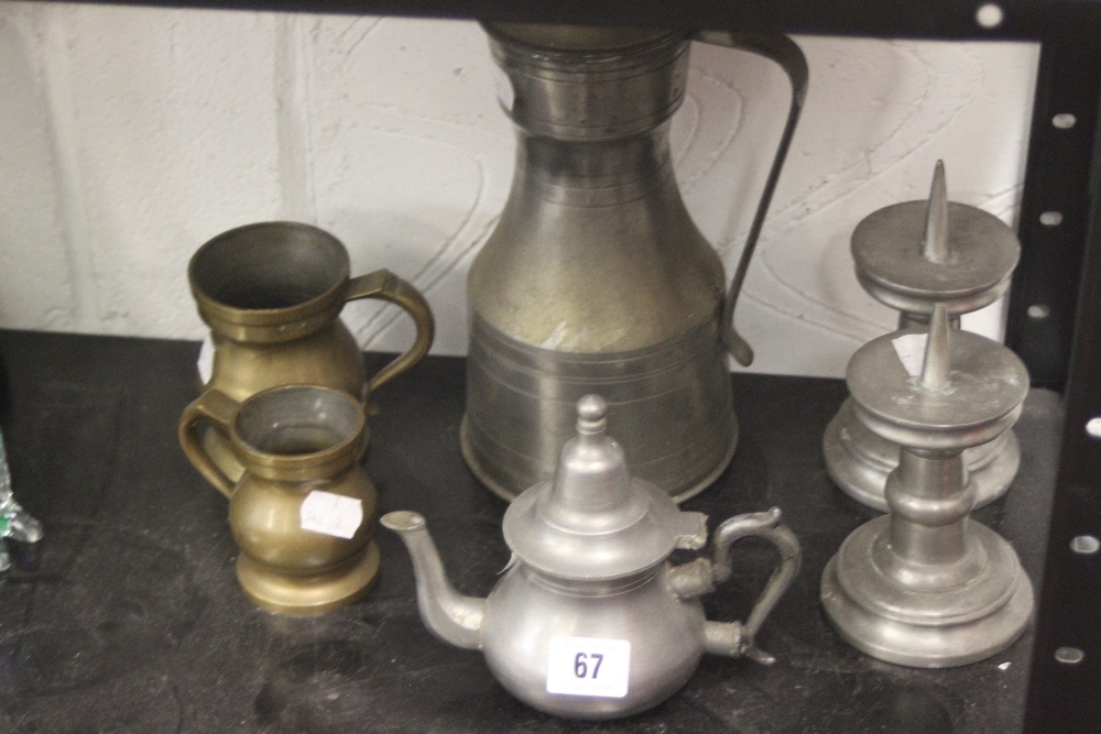 19th cent. & later Pewter & bronze measures ½ pint and gill. Pair of pricket sticks 5ins, Turkish