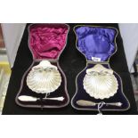 Hallmarked Silver: Edward VII silver scallop shaped butter dish with matching knife, London 1907 (