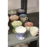 Ceramics: Maling lustre ware, five sundae dishes 'lily pad pattern', various colours. Plus 3