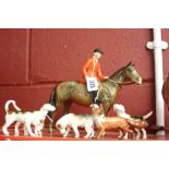 20th cent. Ceramics: Beswick "Horse and Rider Huntsman" brown gloss model No. 1501, 4 hound models