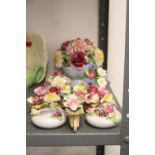 20th cent. Ceramics: Miscellaneous ceramic floral arrangements, rose bowl, pin trays, wheel