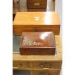 Treen: 19th cent. Birds Eye maple sewing box with white metal inlay and padded silk interior, plus a