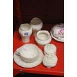 19th cent. & later Ceramics: Belleek vase x 2, cup & saucer, trinket pot plus two Parian ware pots