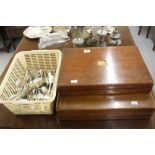 Flatware: A good quantity of flatware with various patterns and 2 oak canteens.