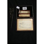 19th cent. Objects of Interest: Red Moroccan leather cased pocket thermometer, a pencil study of a