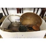 Cooper ware: Troughs (16" x 11"), pots, large kettle, coffee pot, parabolic dish(13" dia.) mounted