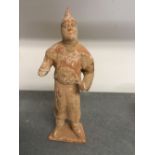 Ancient Chinese: Early terracotta Tang style figure of a warrior in a bespoke display case. 12". Ex.