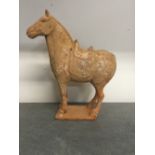 Ancient Chinese: Terracotta figure of a horse in a bespoke perspex case with label 'Tang Dynasty