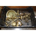 19th/20th cent. Metalware: Tray of brass and copper ware to include candlesticks, dishes, bowl,