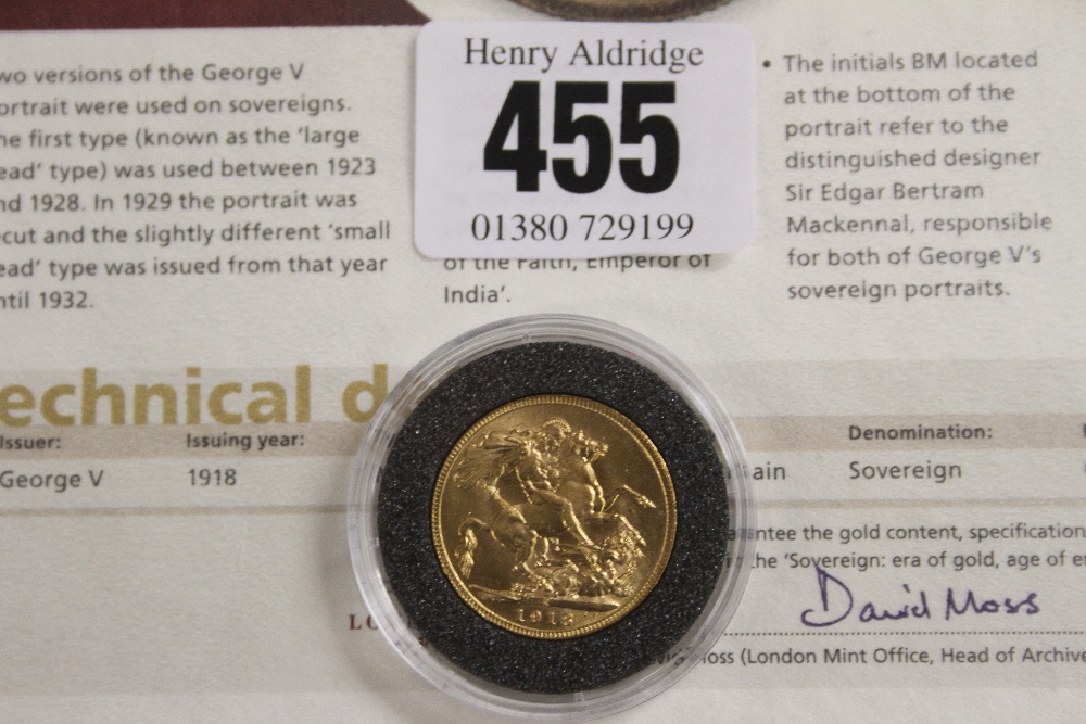 Gold Sovereign: George V 1918 Bombay, India. Mint with fact sheet.