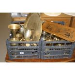 Metalware: two trays of mixed 20th cent. brass, plated and copper ware including Ronson table