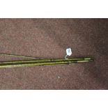 Fishing: Early split cane, 3 piece rod with spare end with leather grip and brass ground spike,