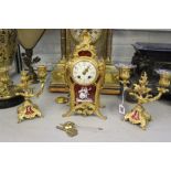 19th cent. Clocks: Vinconti Paris gilt ormolu garniture, red and white enamel painted panels,