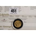 Gold Sovereign: George V 1915 Sidney, Australia. Mint with fact sheet.