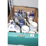 20th cent. Blue & white Delft style figurines, condiments, tankards, jugs, clock, etc.