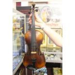 Musical Instruments: "Hopf" Violin and bow, full size, with lined carrying case stamped with a crown