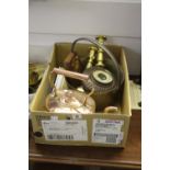 Collection of misc. brass & metal ware, Copenhagen plates, treen barometer, etc. (1 Box).