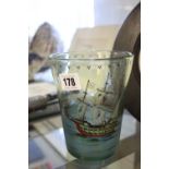 19th cent. Glass: Beaker, painted enamel maritime decoration.